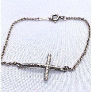 Tiffany & Co Picasso Silver Hammered Sideway Horizontal Cross Bracelet 6.25”